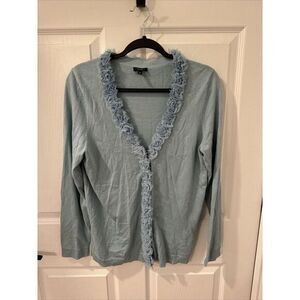 Talbots Women's Blue Ruffled‎ Long Sleeve Snap Cardigan Size M Cottagecore